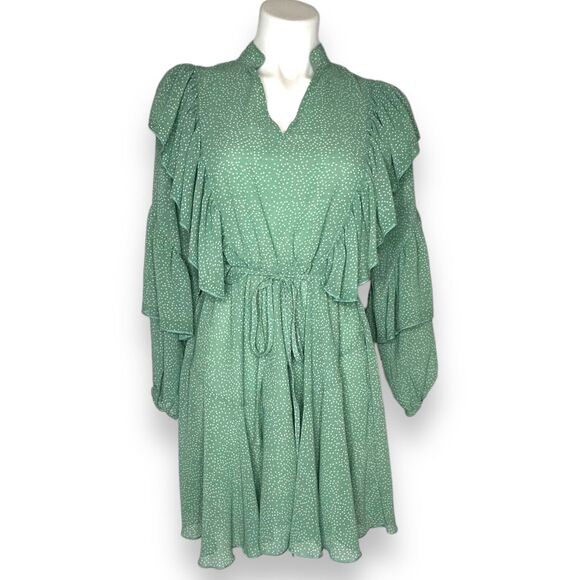 Sage Green Polka Dot Long Sleeve Ruffle Mini Dress Casual Flowy Swing Medium - Picture 2 of 10